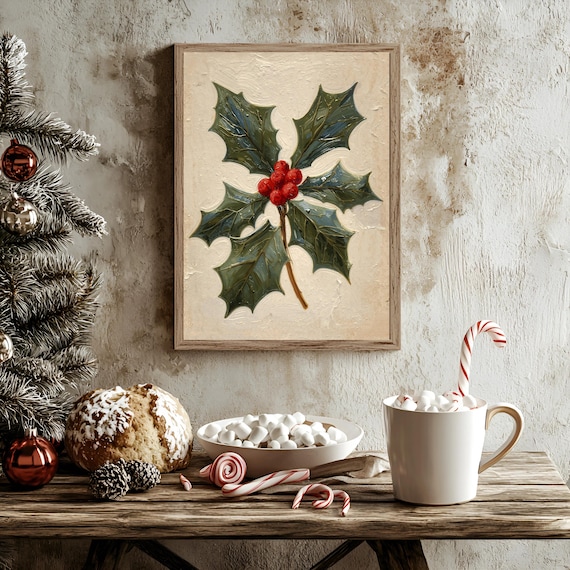 Vintage Christmas Holly Leaves Wall Art Botanical Print Red Berries Holiday Decor Painting Instant