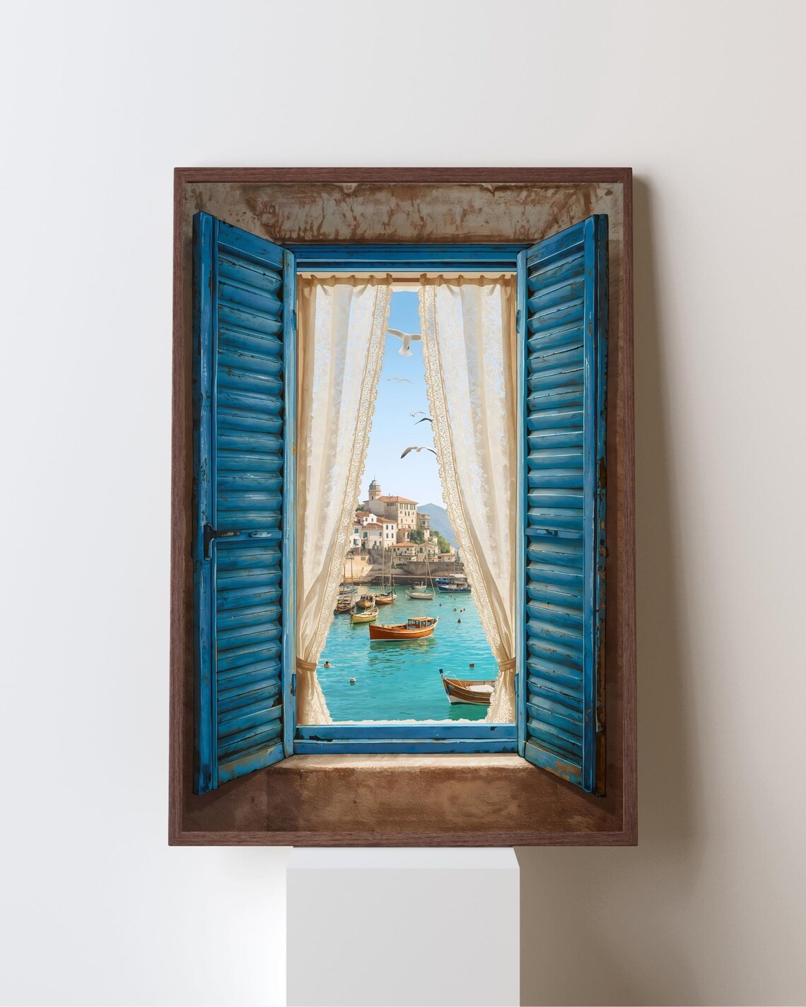 Mediterranean Window View Art Print, Coastal Seaside
