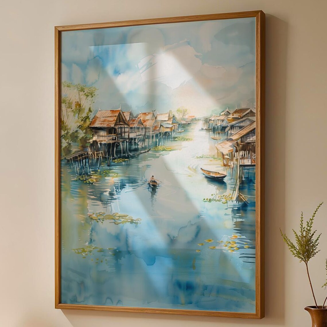 Cambodian Floating Village Art Print, Tonle Sap Watercolor