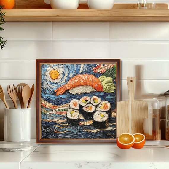 Starry Night Sushi Rolls Impasto Painting Japanese Kitchen Art Poster