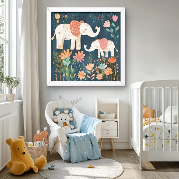 Whimsical Nursery Print Wall Art Boho Decor Floral Elephant Painting Colorful Kids Room