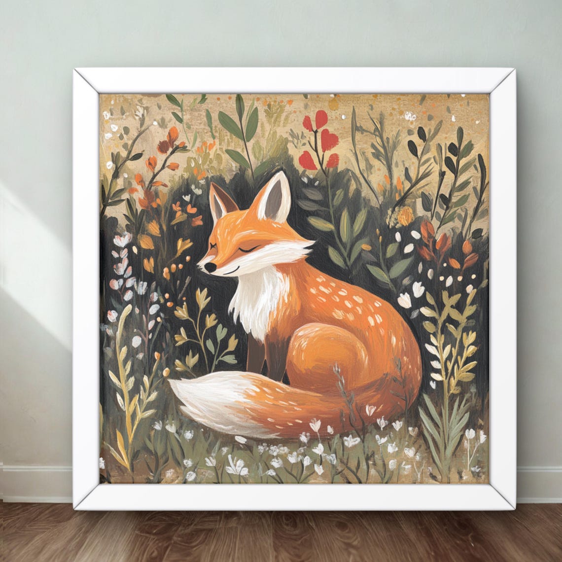 Sleeping Fox Curled in Wildflowers Cozy Woodland Nursery Print
