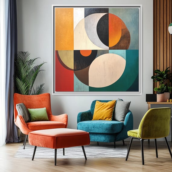 Abstract Geometric Wall Art Print Mid Century Modern Color Block Decor Retro Minimalist Boho Style