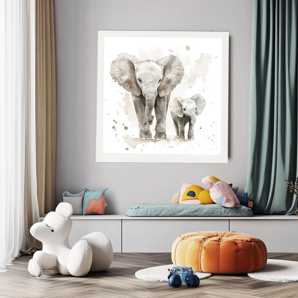 Elephant And Baby Watercolor Animal Art Print