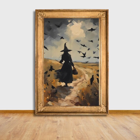 Spooky Halloween Art Moody Decor Witch Crows And Bats Print Wall Gothic Home Creepy