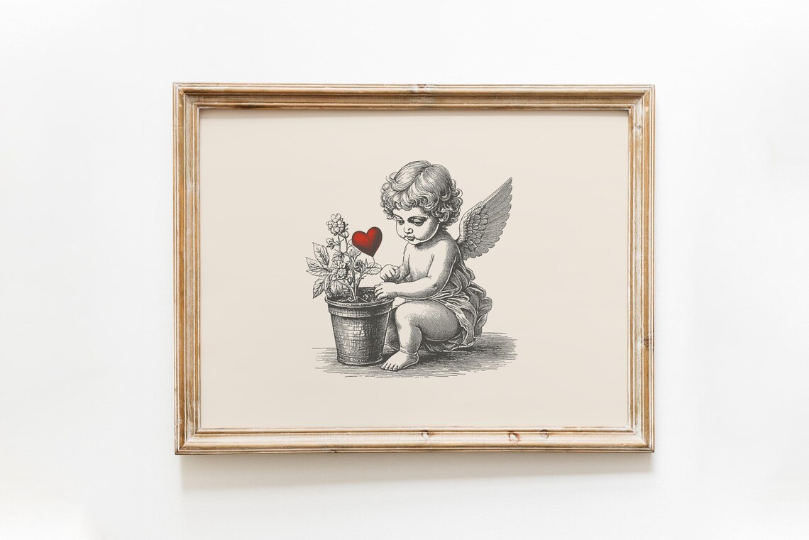 Vintage Cherub Planting Red Heart Flower Romantic Valentine Wall Art