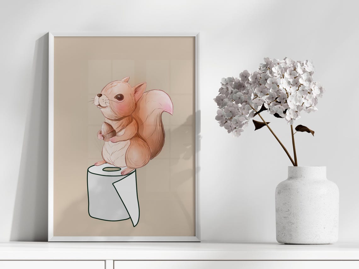 Cute Squirrel Sitting on Toilet Roll Funny Bathroom Animal Poster - Image 2