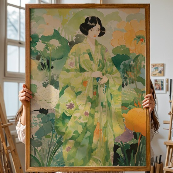 Japanese Portrait Poster Elegant Green Kimono Woman Watercolor Art Print Botanical Bedroom Illustration