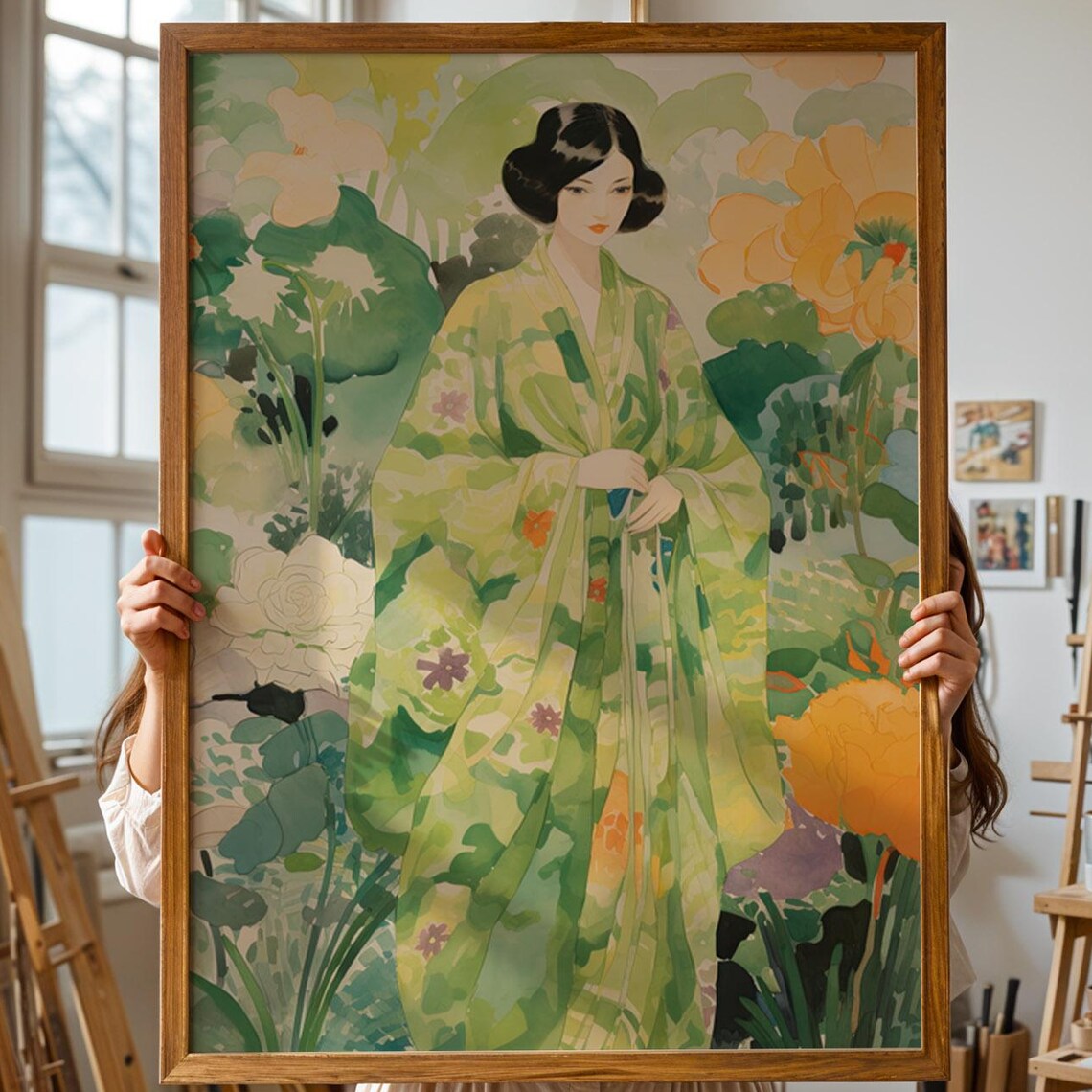 Japanese Woman In Green Floral Kimono Watercolor Botanical Poster