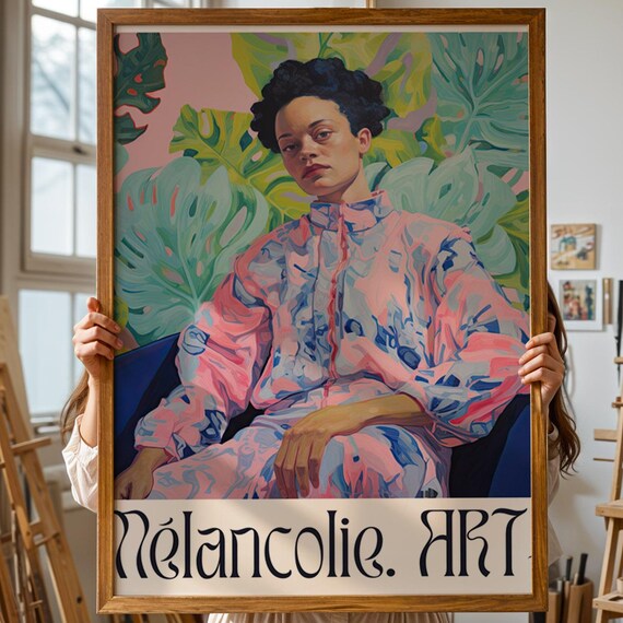 Feminine Portrait Poster Melancholic Woman With Tropical Backdrop Art Print Bold Style Drawing Illustration