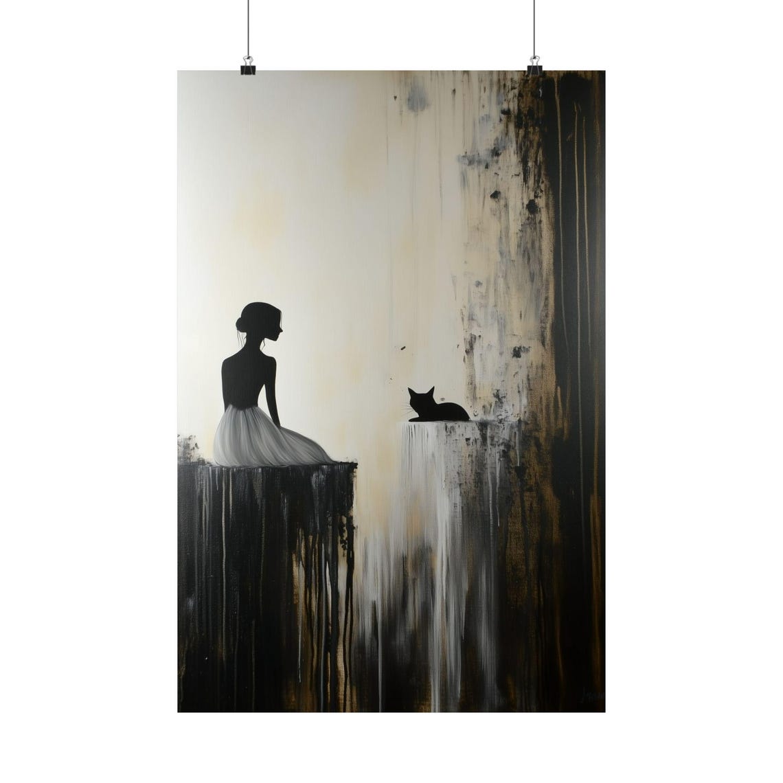 Woman Black Cat Silhouette Abstract Beige Minimal Art Poster