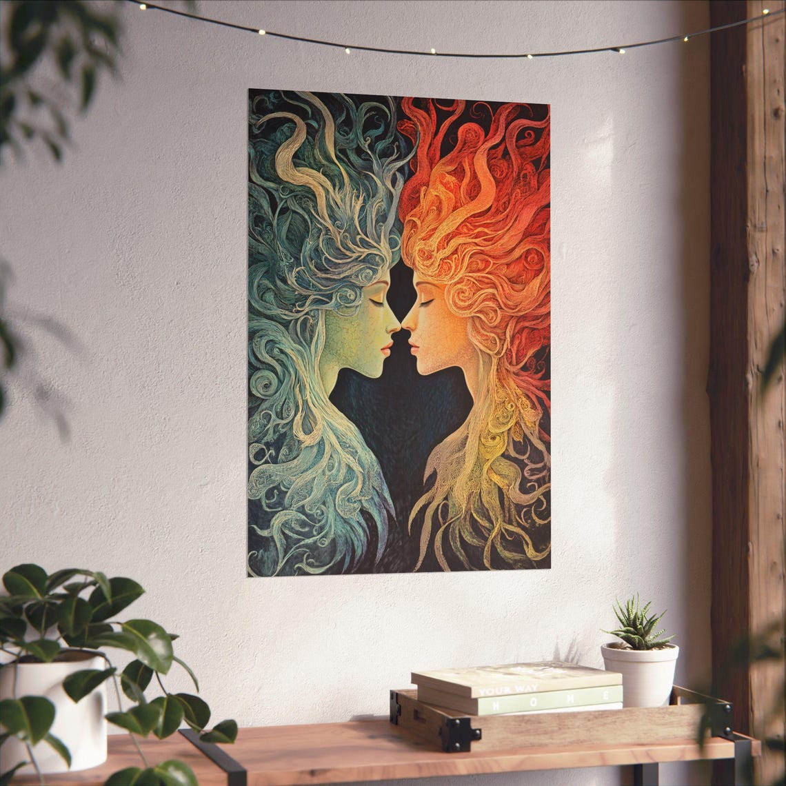 Ice And Fire Dual Faces Portrait Blue Ice Woman Red Flame Poster - Image 4