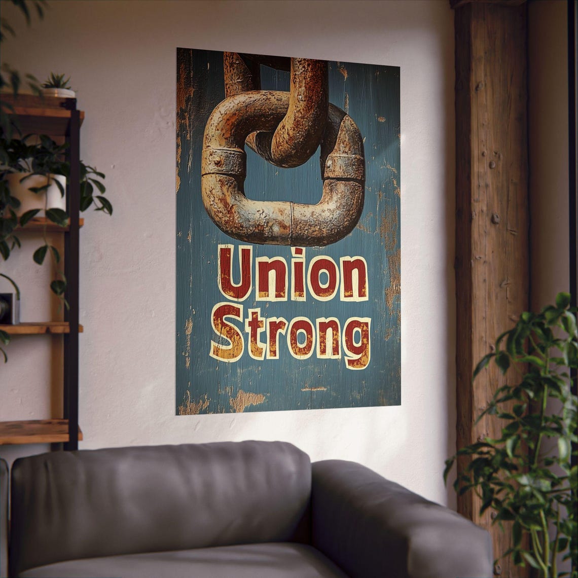 Union Strong Rusty Chain Vintage Wood Blue Labor Pride Poster - Image 2