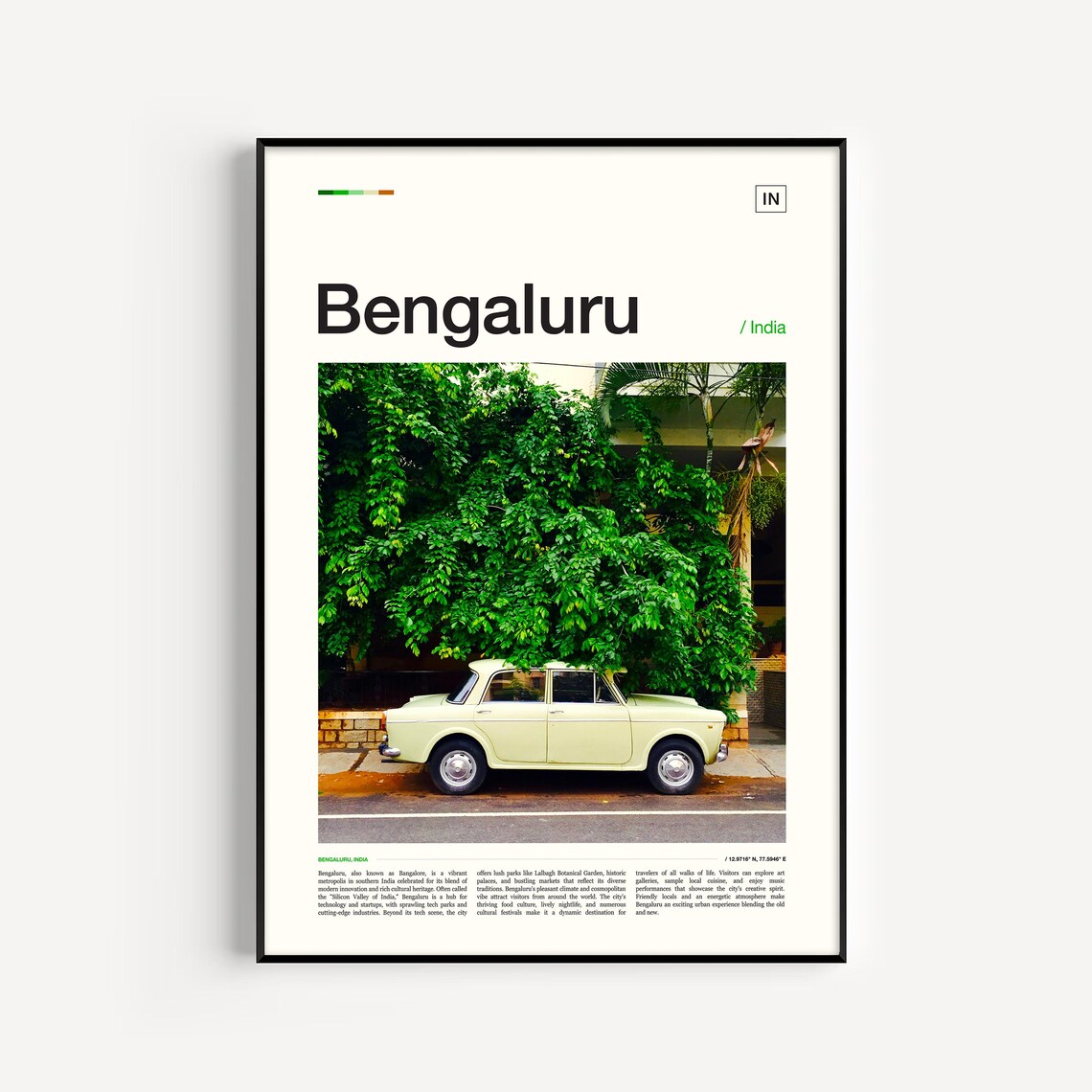 Bengaluru India Vintage Cream Classic Car Green Trees Travel Poster