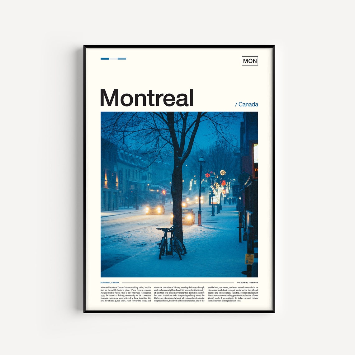 Montreal Canada Winter Twilight Snowy Street Photography Poster