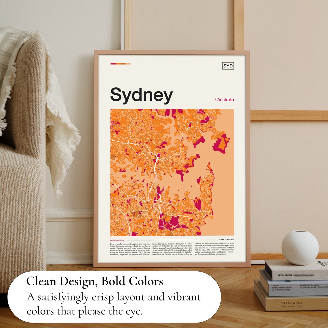 Sydney Australia Orange Magenta Street Map Art Travel Poster - Image 3