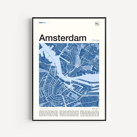 Amsterdam Europe Dark Blue Canal Ring City Map Travel Poster