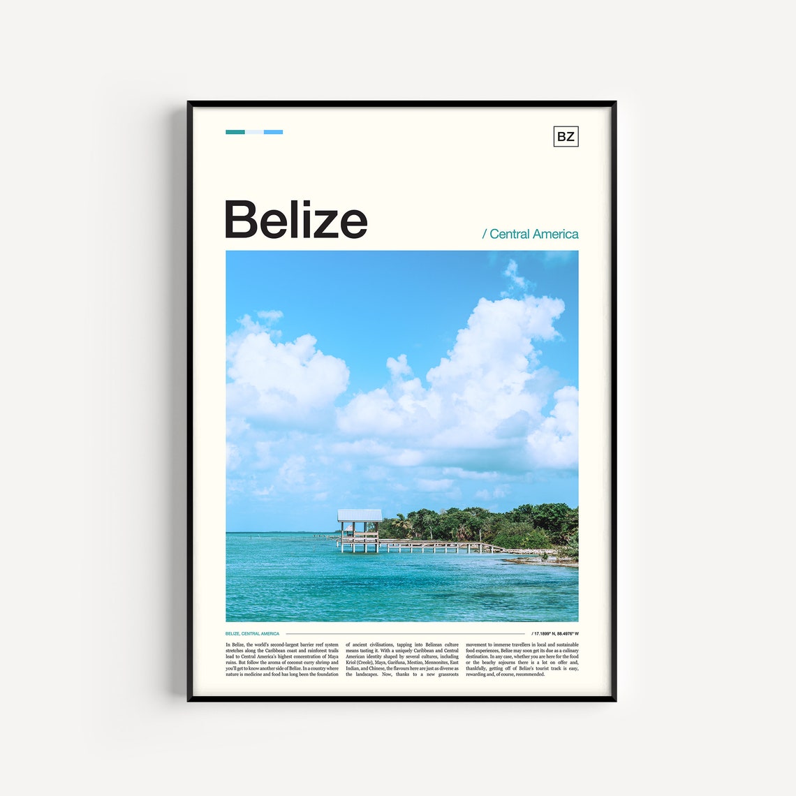 Belize Central America Turquoise Pier Beach Editorial Travel Poster