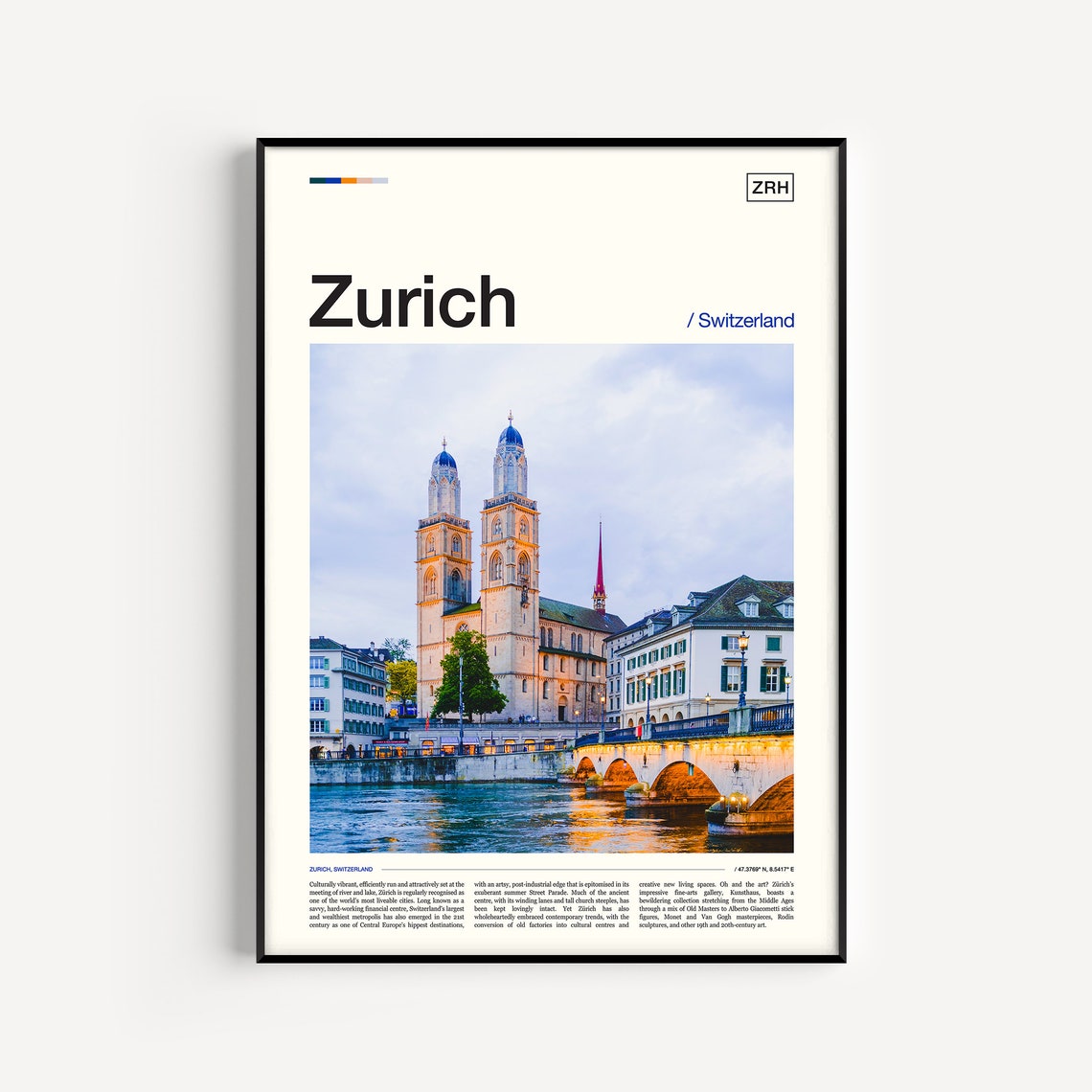 Zurich Switzerland Grossmunster River Old Town Europe Travel Poster