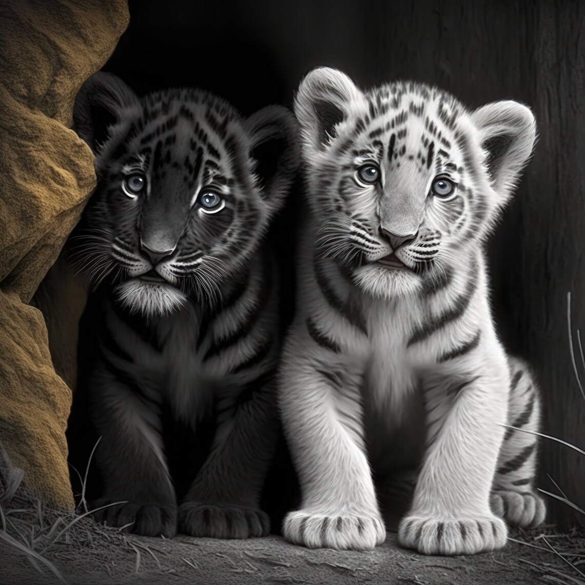 Black And White Tiger Cubs Fantasy Art Print