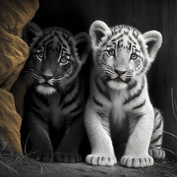Black And White Tiger Cubs Fantasy Art Print