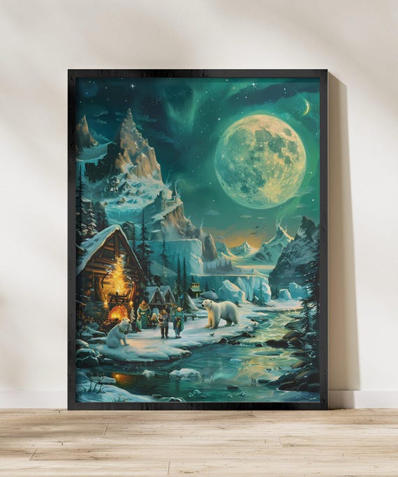 Alaskan Polar Lights Wall Art Aurora Borealis Northern Landscape Winter Wonderland Art For Home Enchanting Mountain Scene