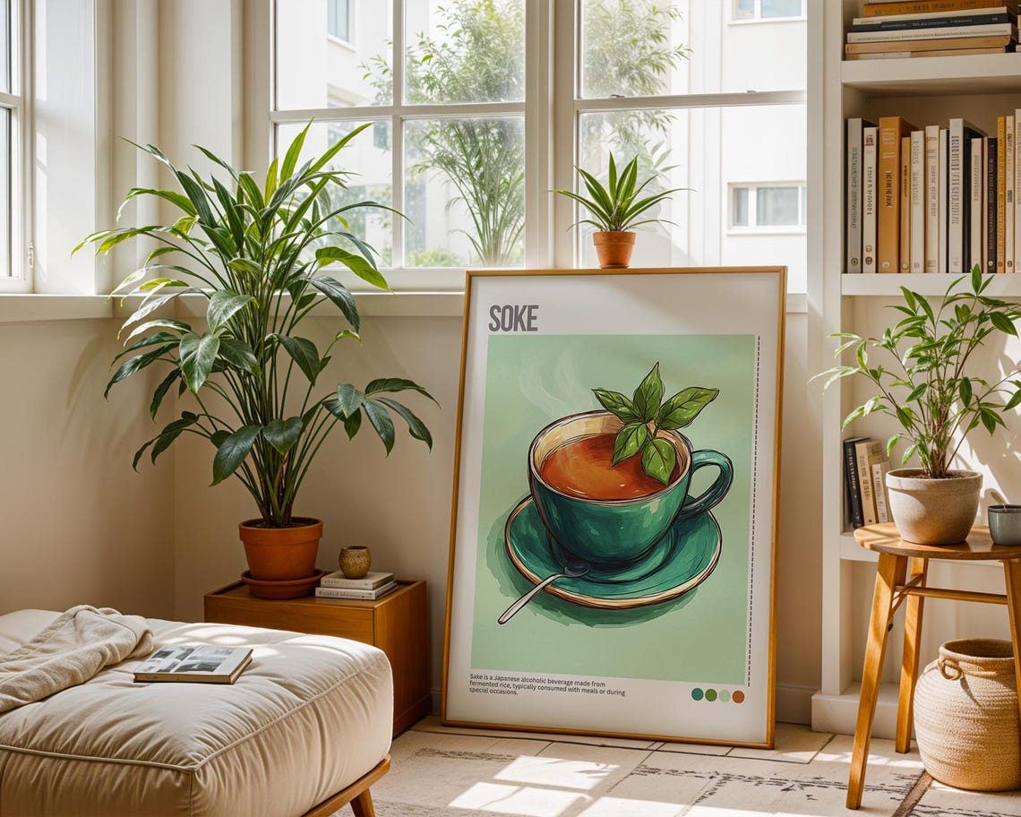 Sake Japanese Teacup Green Illustrated Minimalist Kitchen Poster - Image 4