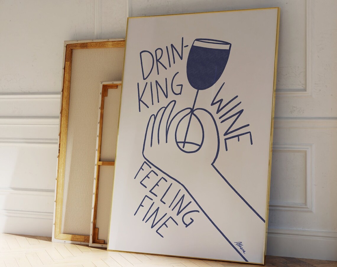 Drinking Wine Feeling Fine Trendy Bar Cart Prints Modern Kitchen Decor Fun Illustration Apartment Wall Art Line Cocktail