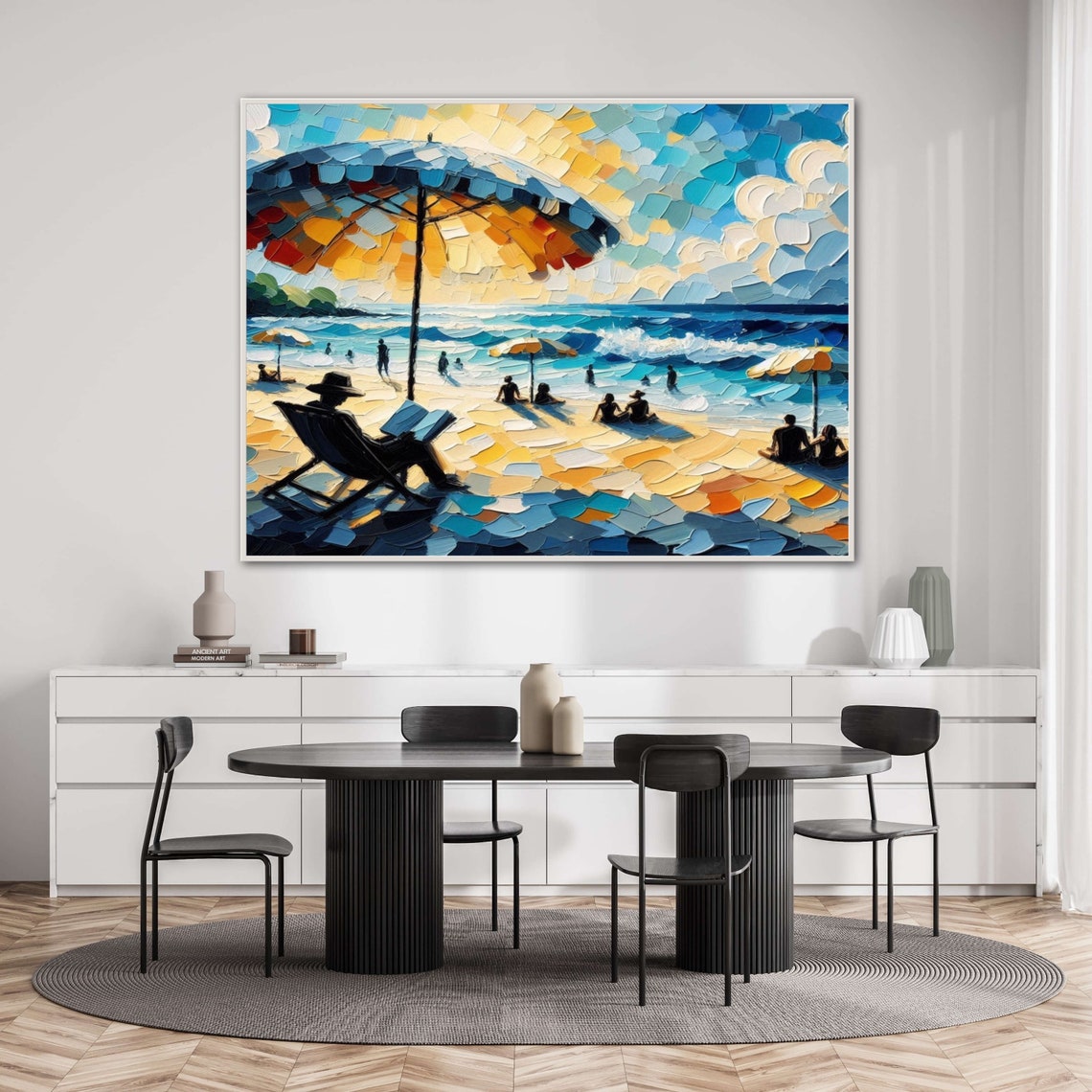 Sunlit Beach Umbrella Crowd Impasto Panoramic Coastal Art Poster - Image 4