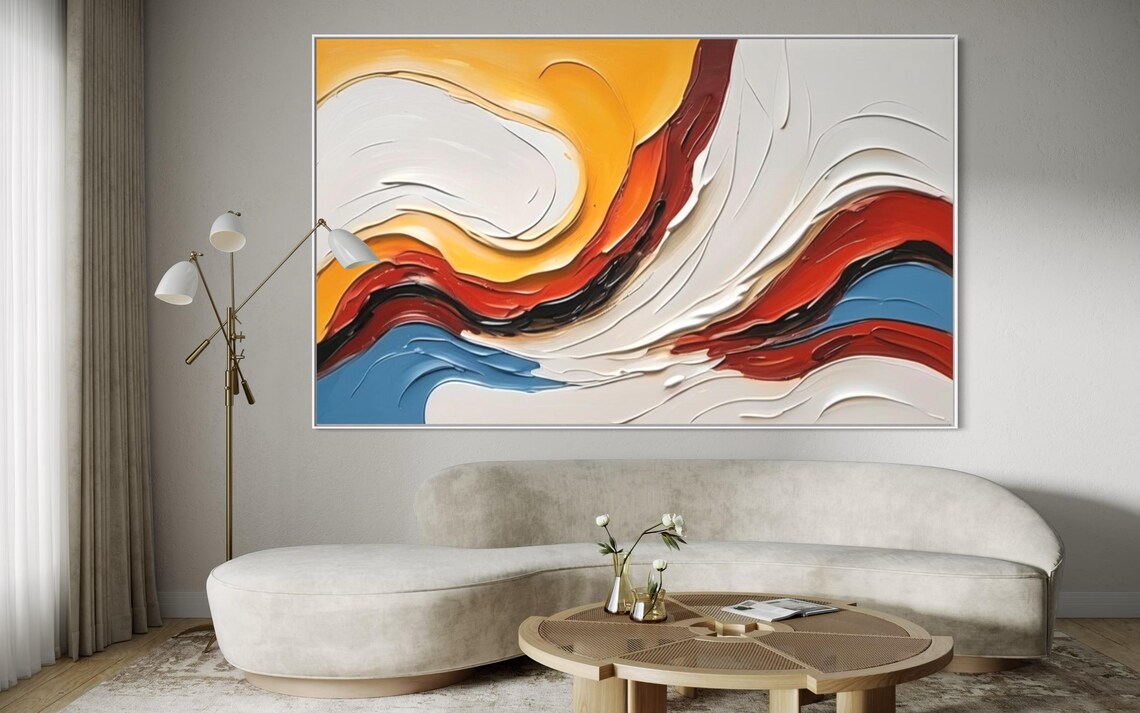 Abstract Colorful Textured Acrylic Painting Extra Large Horizontal Art Modern Home Wall Art Hanging Yellow White Blue Artwork Decor - Image 4