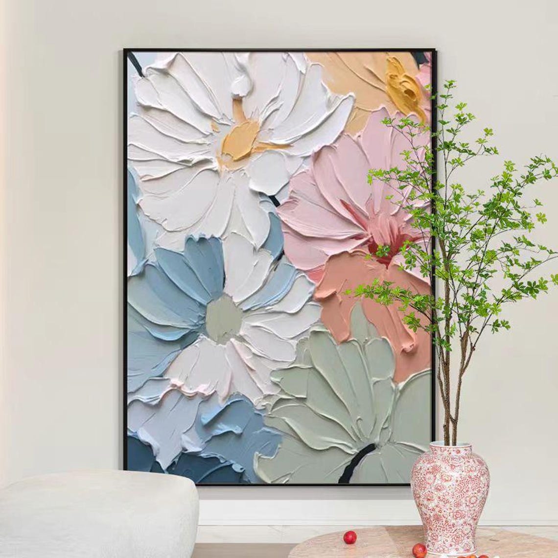 Large Colorful Blooms 3D Textured Impasto Floral Vertical Poster - Image 4