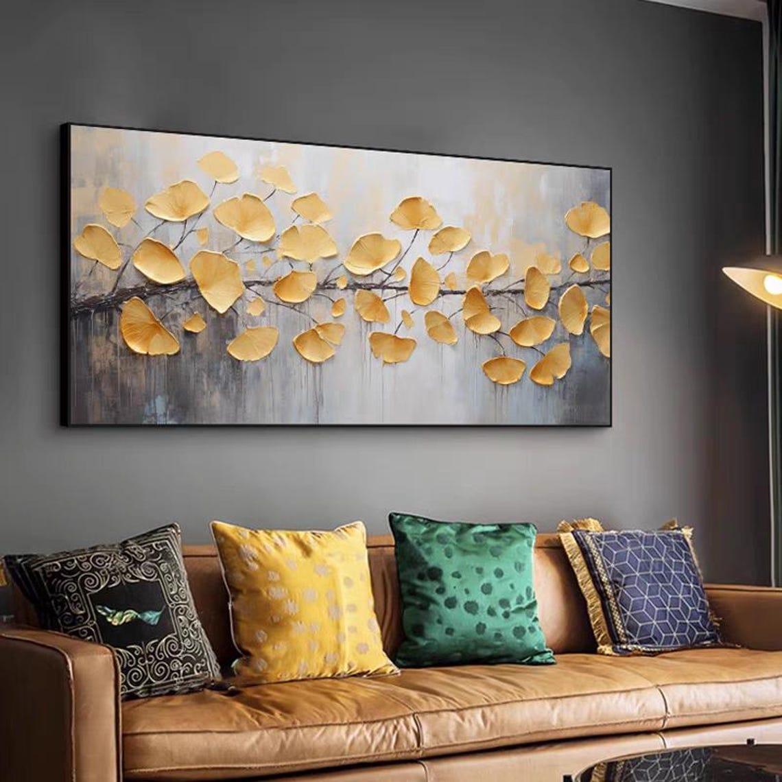 Golden Ginkgo Leaves Branch Textured Horizontal Floral Tree Poster - Image 3