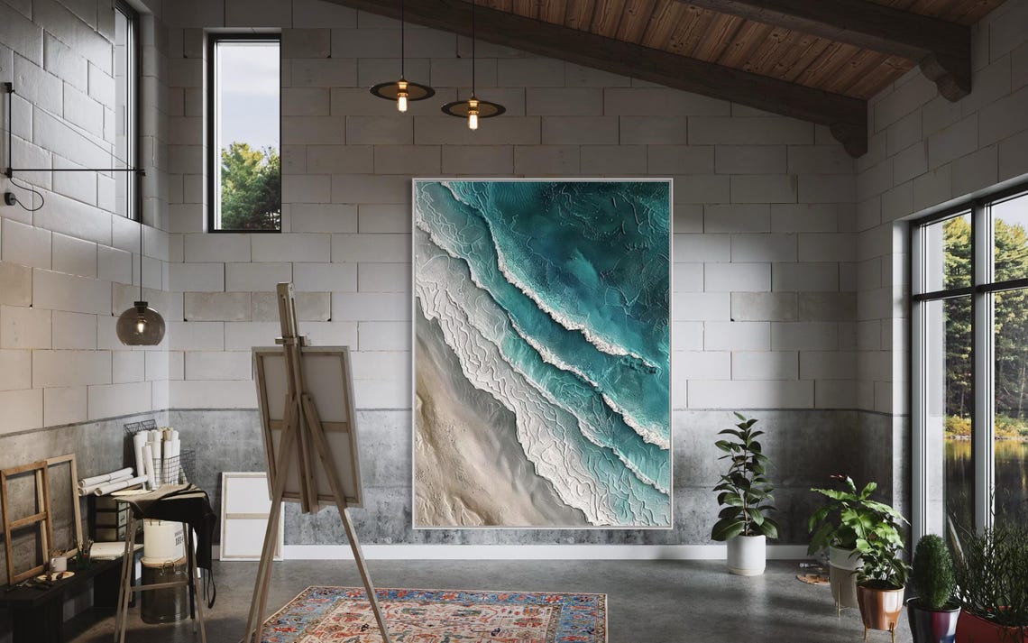 Aerial Turquoise Ocean Waves on Sandy Shoreline Seascape Poster - Image 2