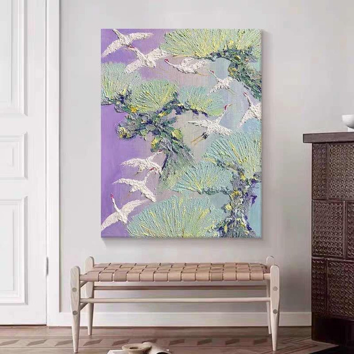 White Cranes Flying Over Pine Trees on Purple Sky Art Poster - Image 4