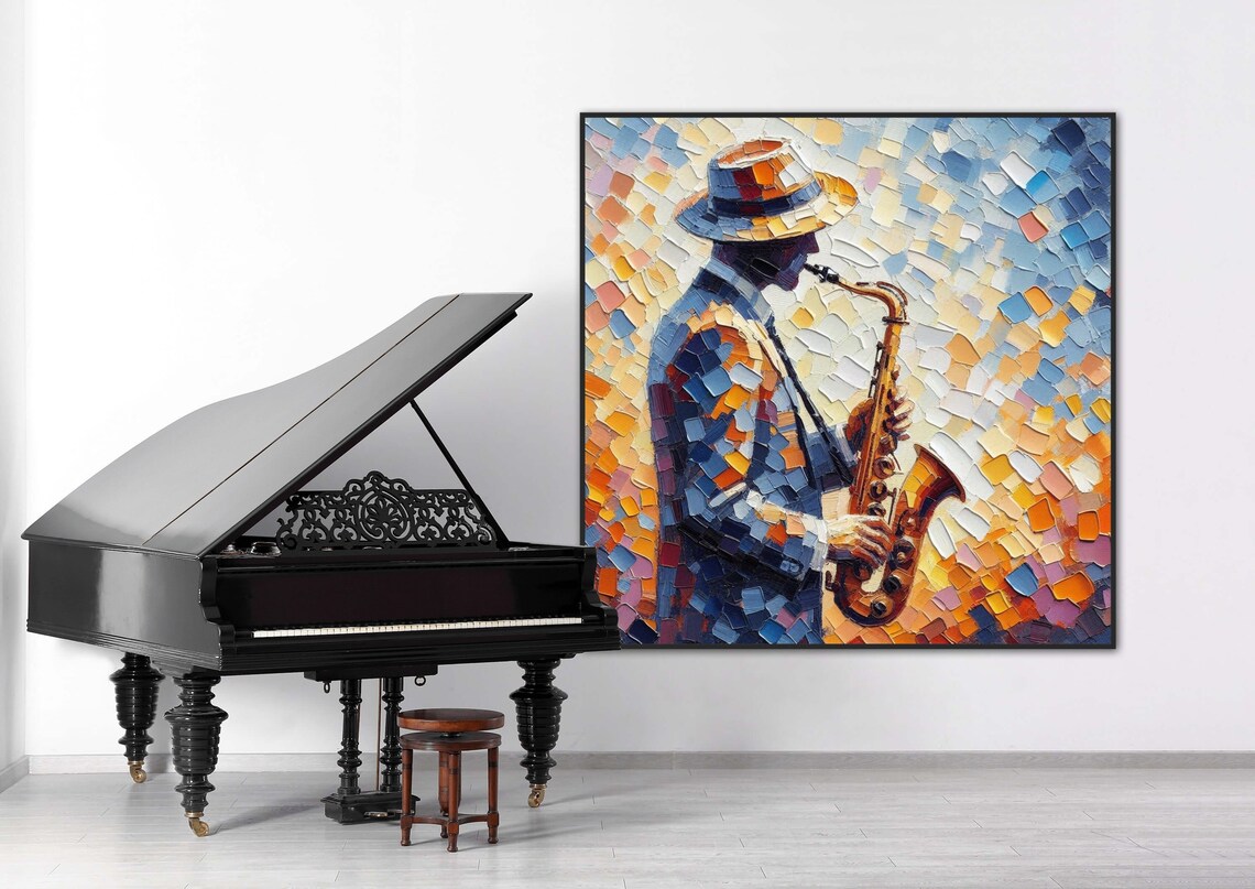 Saxophonist in Hat Mosaic Jazz Musician Portrait Painting Poster - Image 4