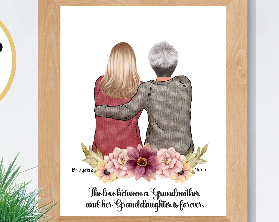 Personalized Grandmother Granddaughter Floral Portrait Gift Poster