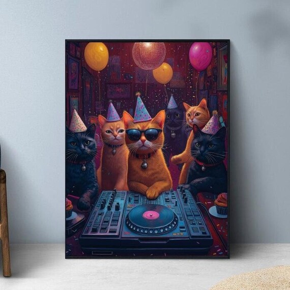 Cool DJ Cats Partying at the Turntables Fun Cat Lover Poster