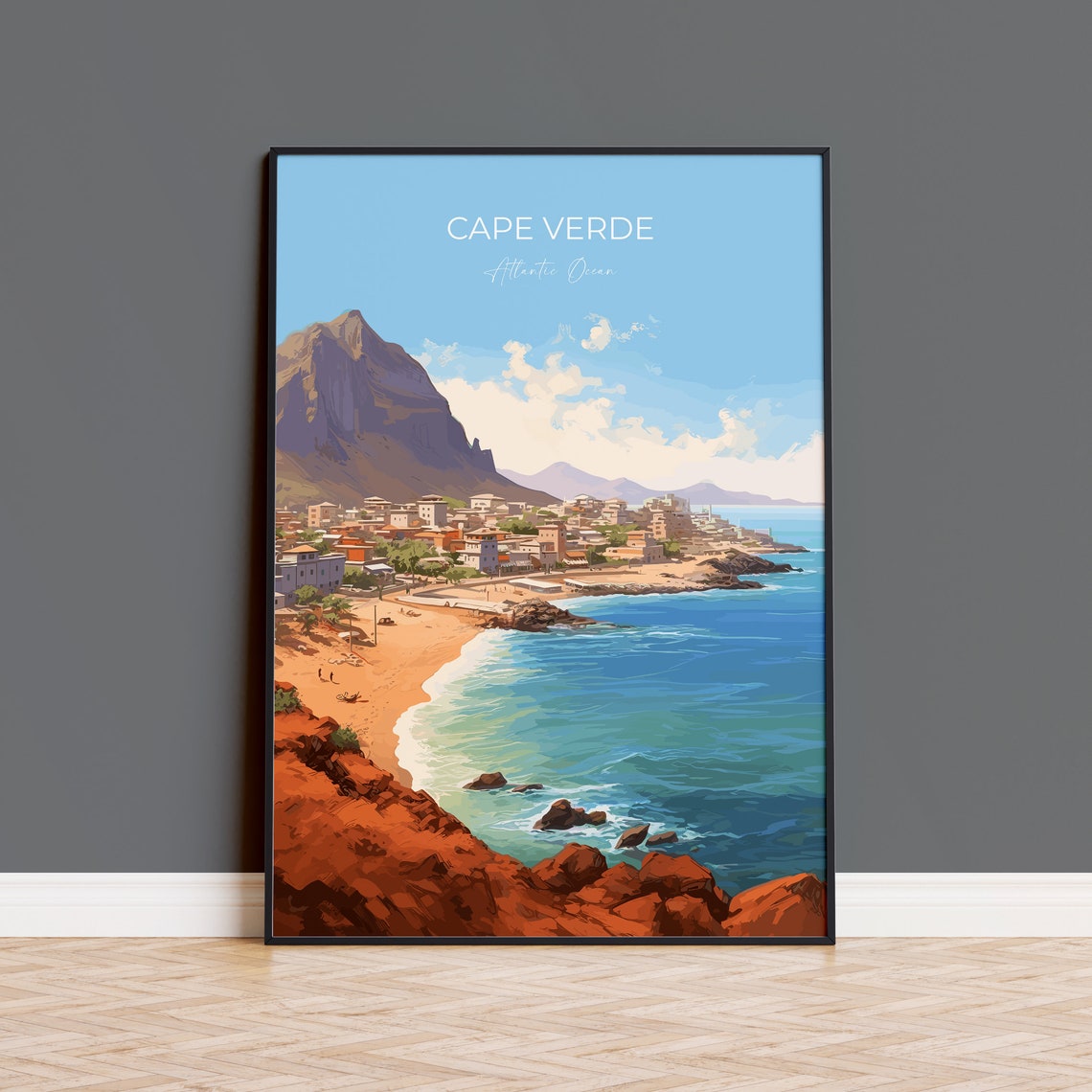 Cape Verde Atlantic Ocean Poster Beach Town Rocky Mountain Coast Scene