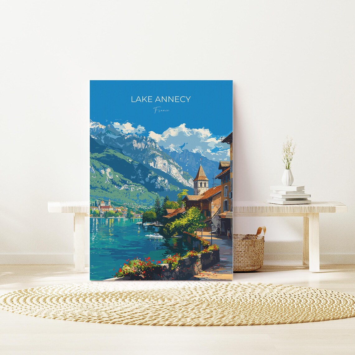 Lake Annecy Village Shoreline Church Top Lettering Travel Poster - Image 2