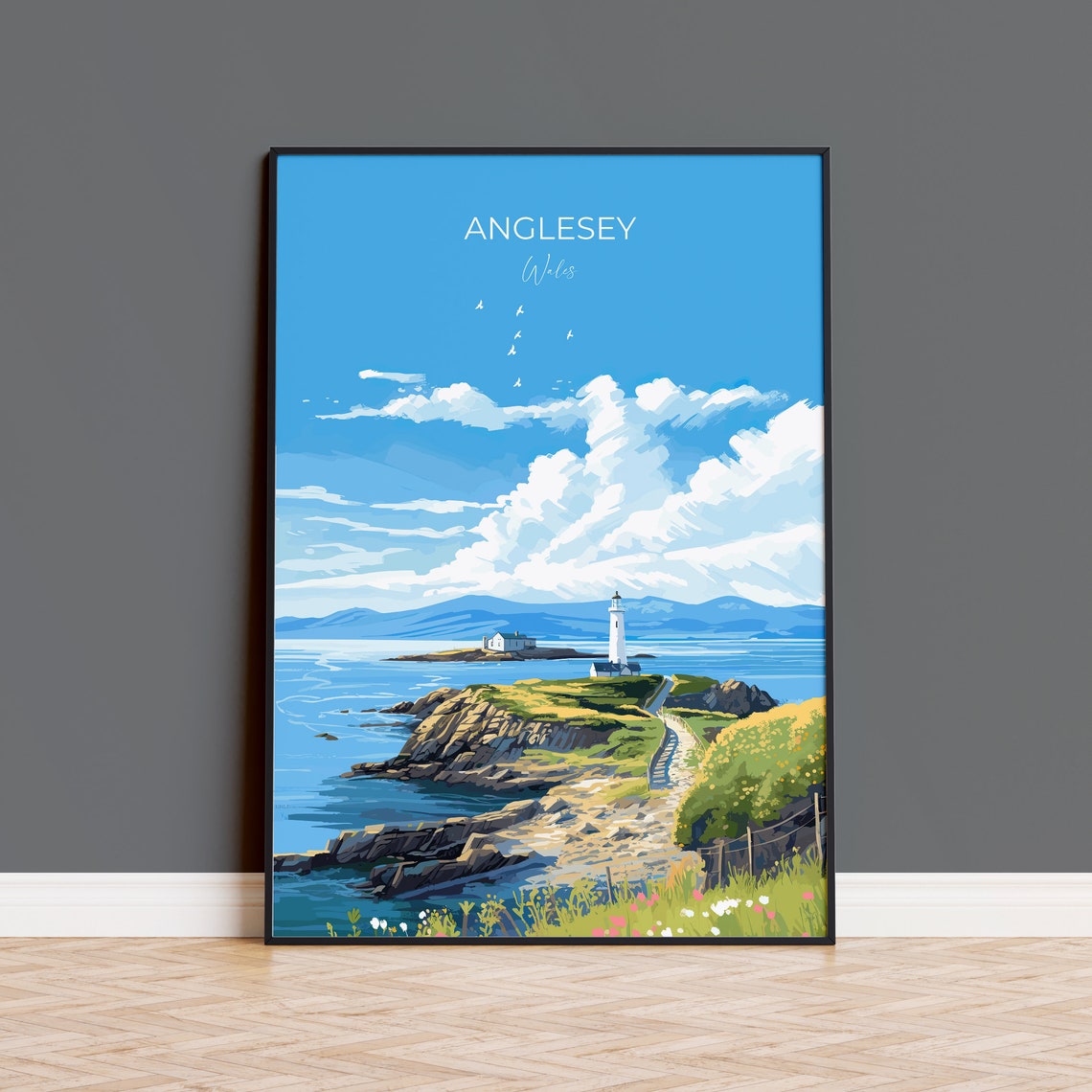 Anglesey Wales Lighthouse Rocky Headland Wild Coast Travel Poster