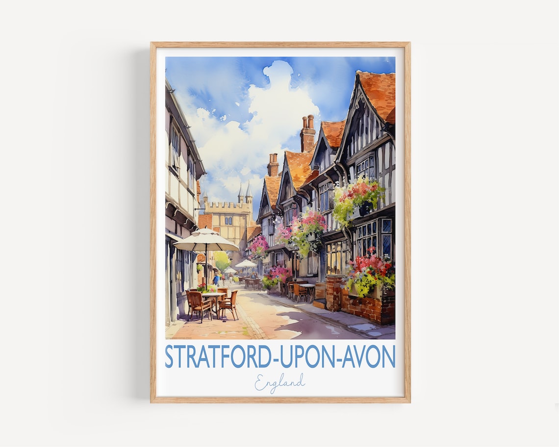Stratford Upon Avon Watercolor Tudor Street England Travel Poster
