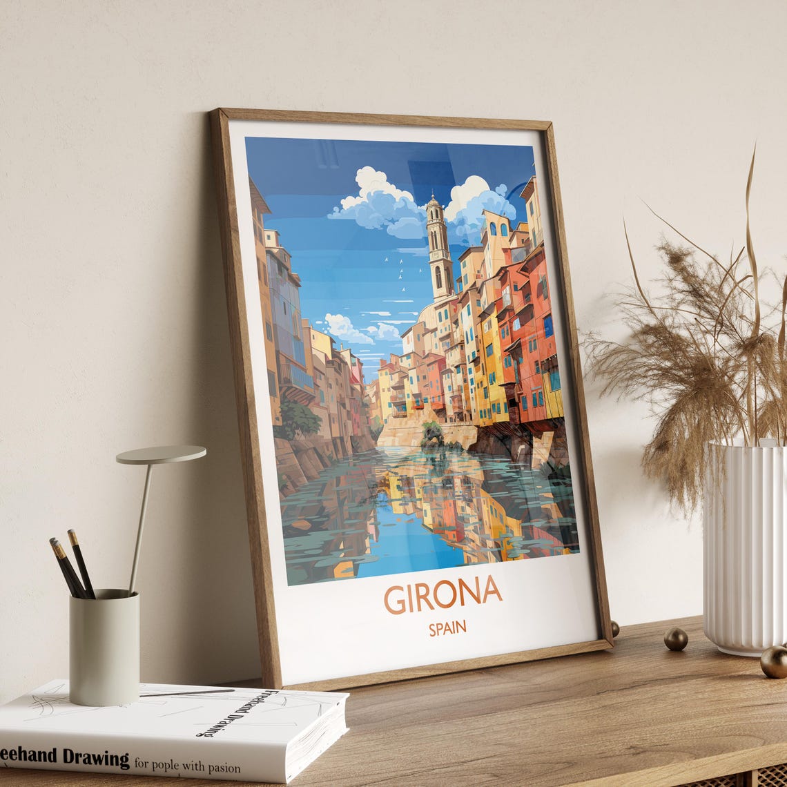 Girona Spain Riverside Old Town Houses Bright Blue Sky Travel Poster - Image 2