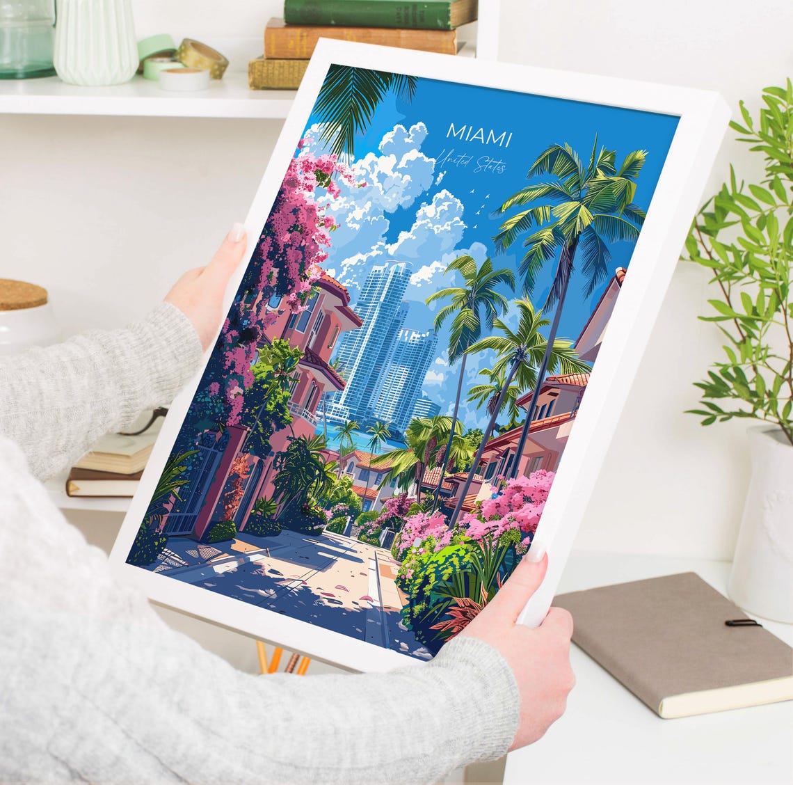 Miami United States Palm Street Pink Blossoms Skyline Travel Poster - Image 3
