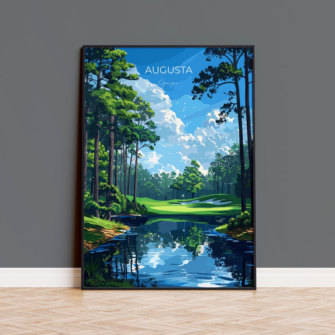 Augusta Georgia Golf Course Lake Reflection Vintage Script Poster