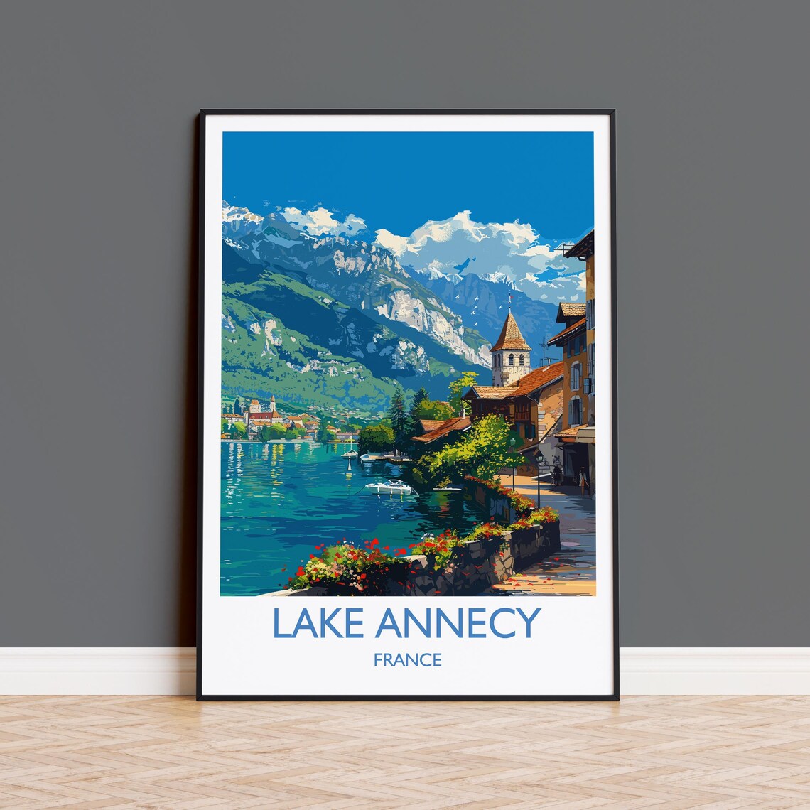 Lake Annecy Village Shoreline Church White Border Travel Poster