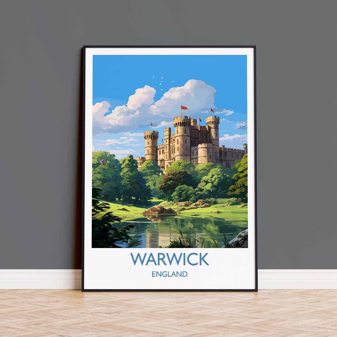 Warwick Castle England Stone Towers Riverside Vintage Travel Poster