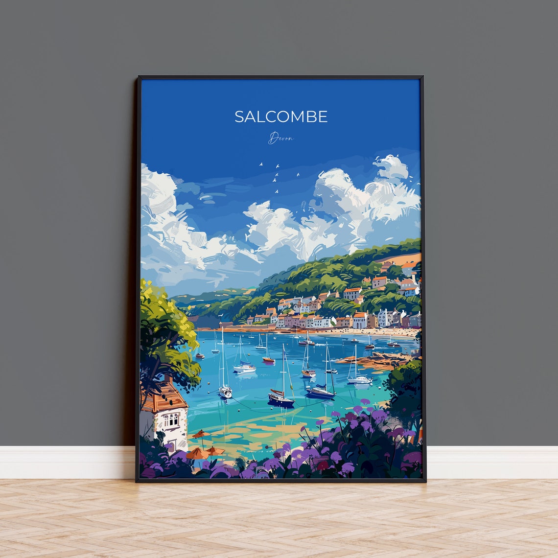 Salcombe Devon Marina View Moored Yachts Green Hills Travel Poster