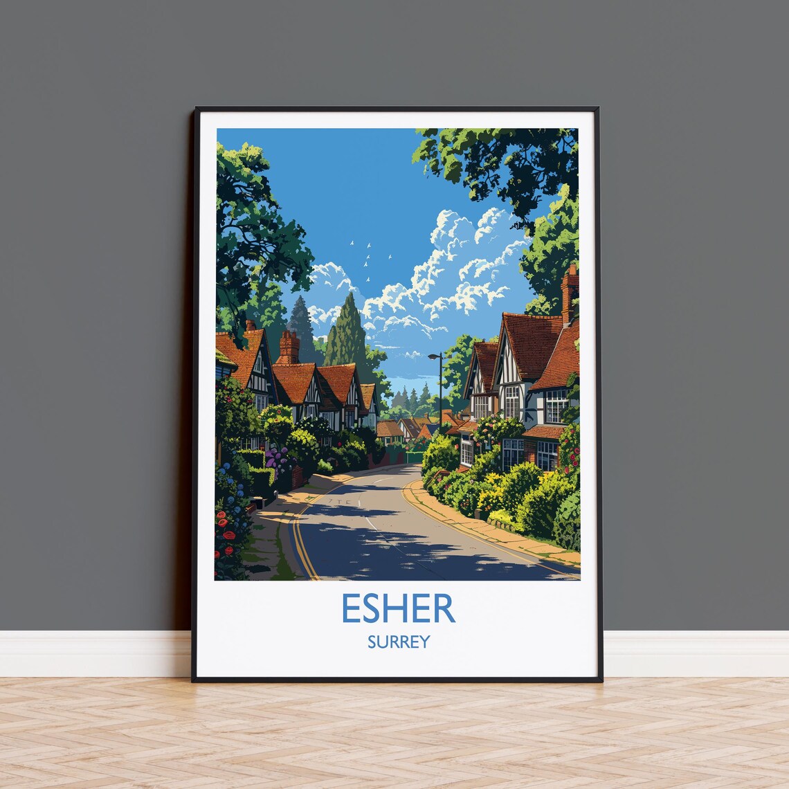 Esher Surrey Tudor Cottages Winding Street Retro Travel Poster