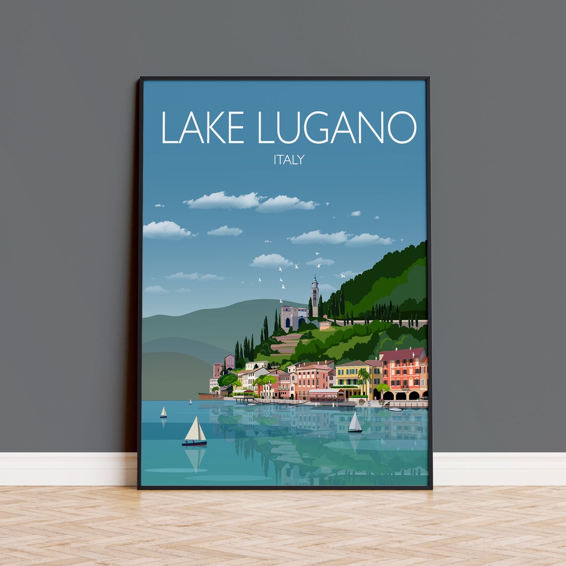 Lake Lugano Italy Lakeside Town Sailboats Serene View Art Poster