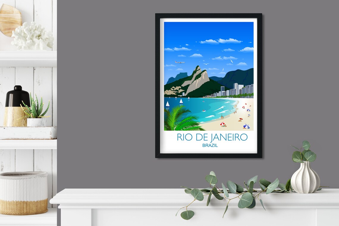 Rio de Janeiro Brazil Beach Skyline Illustrated Sunny Travel Poster - Image 3